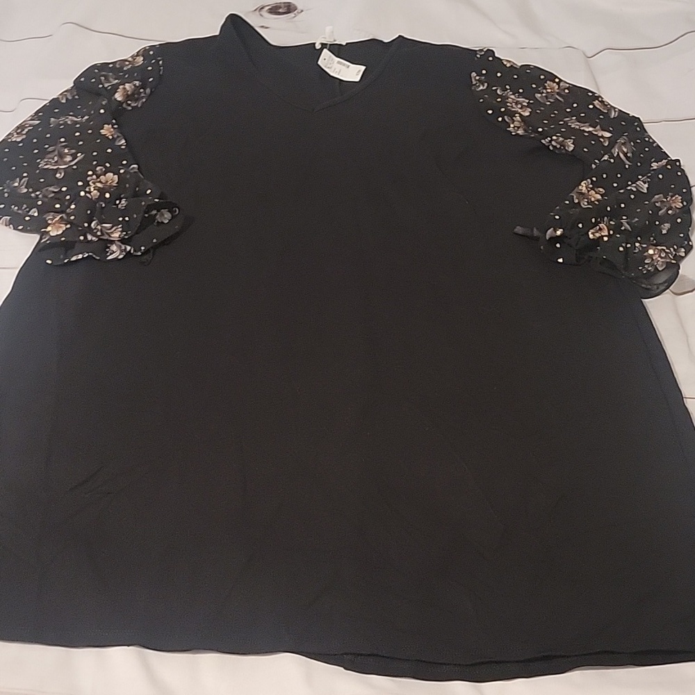 Maurices Black Dress Pull Over with Long Floral and Gold Chiffon Sleeves New